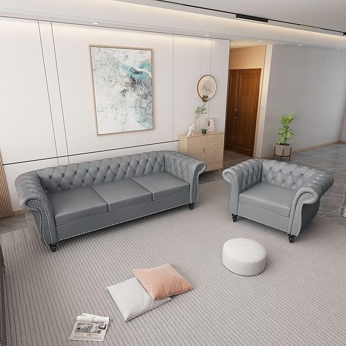 Home Sofa Living Room Furniture, 3 Seater Leather Upholstered Sofa Couch, Modern Comfy Couch with Faux Leather Cushions, Mid Century Tufted Chesterfield Sofas for Bedroom, Office, Apartment (Grey)