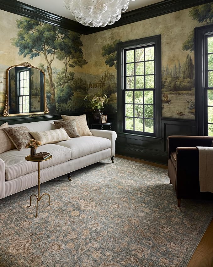 Loloi Chris Loves Julia Palma Collection PLM-05 Blue/Natural 6'-3" x 9'-6" Area Rug Vintage Style Boho Living Room Bedroom Carpet