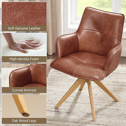 Art Leon Mid Century Desk Chair - Genuine Leather Upholstered Office Chair No Wheels, Swivel Accent Chair with Black Oak Wood Legs for Small Space Living Room Bedroom, Set of 2, Red Brown