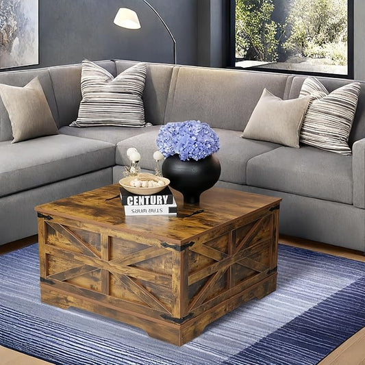 Lift Top Coffee Table, 31.5" Square Coffee Table with Storage, Farmhouse Coffee Tables for Living Room, Cocktail Tables with Large Hidden Compartment, Rustic Brown