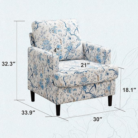Mid-Century Accent Chair,Modern Linen Fabric Armchair for Living Room,Comfy Upholstered Reading Accent Chairs for Bedroom,Single Sofa Chair with Wood Legs (Blue Flowered Bird, 2 Pack)