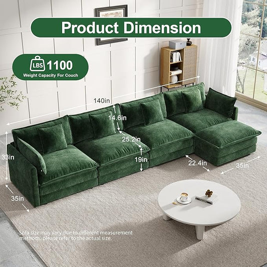 Modular Sectional Sofa, 146.5 Inch L-Shaped Cloud Sofa with Deep Seat Chenille Sofa with Cushions, Four Seater Sectional Sofa for Living Room Apartment,Evergreen