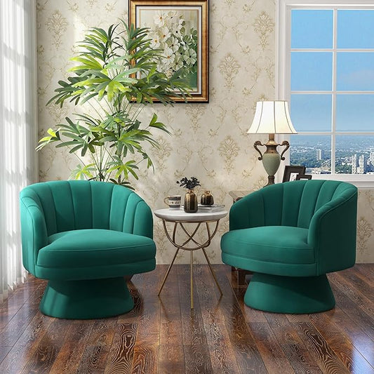 Swivel Accent Chair Set of 2,Upholstered Velvet 360° Swivel Barrel Chair for Living Room Overstuffed Bouncle Reading Chair Round Armchair for Bedroom,Vanity,Office (Dark Green)
