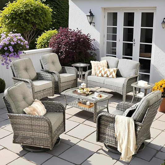 8 PCS Patio Outdoor Furniture Set with Swivel Rocking Chairs,All Weather Wicker Rattan Patio Seating Sofa and Chairs Set,Outdoor Conversaiton Sets for Deck Yard Prrch Garden Poolside,Dark Grey