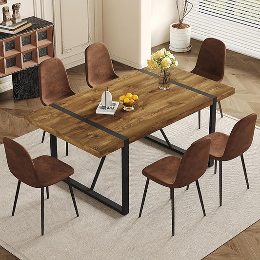 7 Piece Dining Table Set，Dinner Table Set for 6，71'' Dark Wood Kitchen Table and Suede Nap Fabic Chairs Set of 6，6 Chair Dining Table Set for Kitchen Dining Room