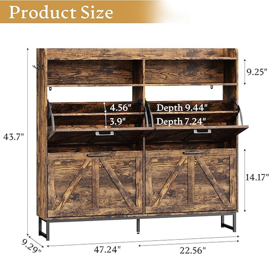 Shoe Cabinet Storage for Entryway, Shoe Storage Cabinet with 4 Flip Drawers, Freestanding Narrow Shoe Rack Organizer with Metal Legs, Adjustable Shelves & Open Storage for Foyer, Hallway, Brown