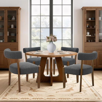 Modern Dining Chairs Set of 8, Walnut Upholstered Kitchen & Dining Room Chairs, Mid Century Wooden Dining Chairs Oversized Sturdy Fabric Rounded Chairs Curved Back, Dark Grey