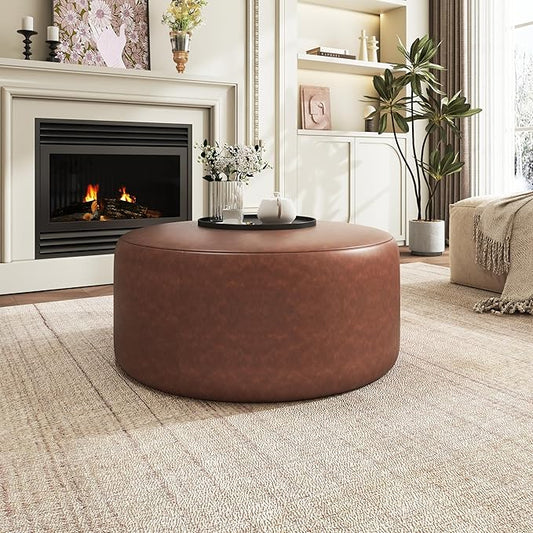 Christopher Knight Home GAVI 30" Ottoman Foot Stool, Faux Leather Pouf Footstool Ottoman Seat, Upholstered Foot Chair, Round Footrest, Modern Side Table for Living Room Bedroom Home Decor, Brown