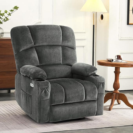 MCombo Oversized Dual Motor Power Lift Recliner Chair Sofa with Massage and Heat for Big Elderly People, Infinite Position, USB Ports, Fabric R7688 (Grey, Large-Oversize)