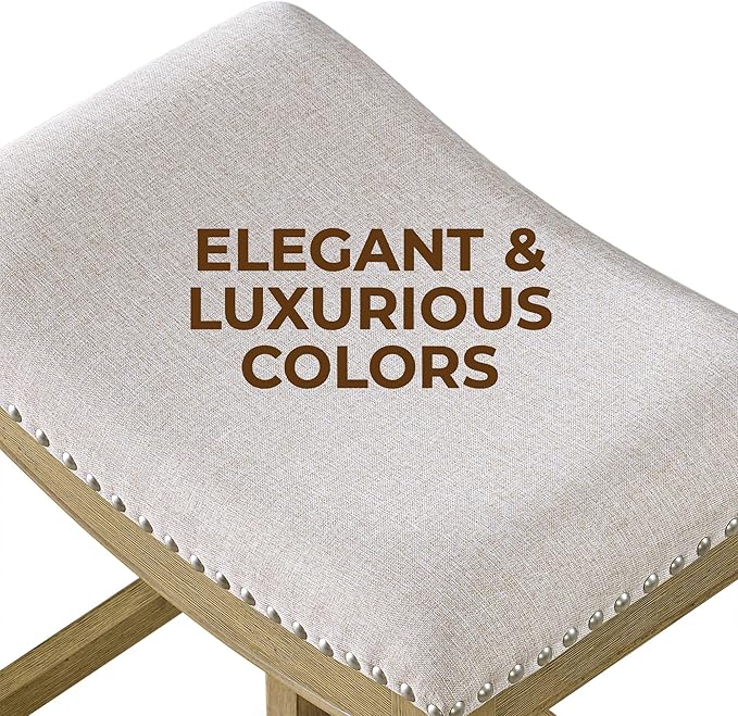 ROME + OAK Set of 2 Parker 26" Counter Stool, Backless Saddle Kitchen Barstool in Natural Wood Finish with Wheat Cream Fabric Upholstery Cushion Seat