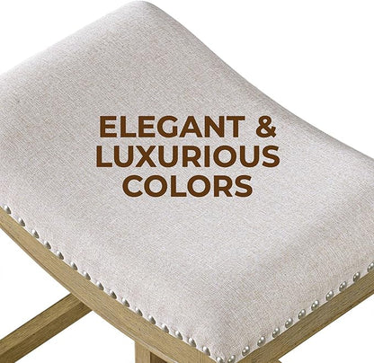 ROME + OAK Set of 4 Parker 26" Counter Stool, Backless Saddle Kitchen Barstool in Natural Wood Finish with Wheat Cream Fabric Upholstery Cushion Seat