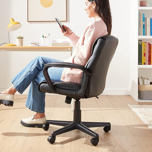 Amazon Basics Office Computer Task Desk Chair with Padded Armrests, Mid-Back, Adjustable, 360 Swivel, Rolling, 275 Pound Capacity, 24.2"D x 24"W x 34.8"H, Black Faux Leather