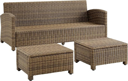 Crosley Furniture Bradenton 3-Piece Outdoor Sofa Patio Furniture Set, Wicker Conversation Sets for Porch, Brown with Sangria Cushions