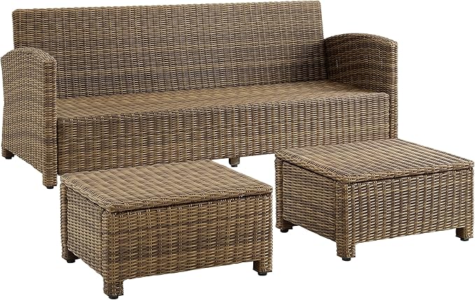 Crosley Furniture Bradenton 3-Piece Outdoor Sofa Patio Furniture Set, Wicker Conversation Sets for Porch, Brown with Navy Cushions