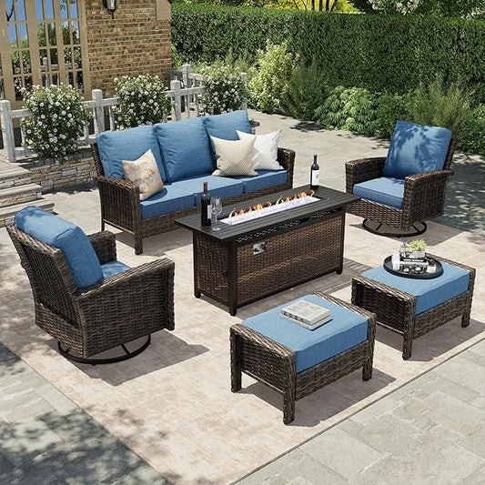 HERA'S HOUSE Wicker Patio Furniture Set, High Back Swivel Chairs with 5.5-Inch Thick Cushions, 6-Piece Outdoor Deep Seating Conversation Sets with Fire Pit Table & Ottomans for Deck Yard Garden, Blue