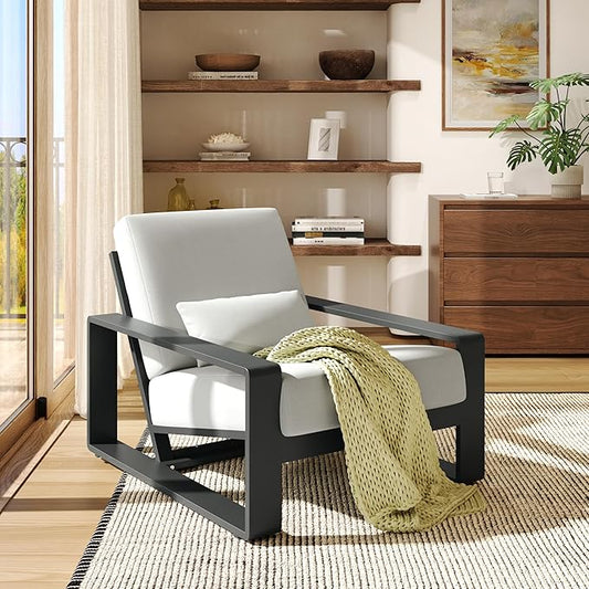 Christopher Knight Home Aspen Outdoor Aluminum Club Chair, Durable Aluminum Lounge Chair, Armchair with Cushions, Metal Accent Chair, Tilt Backrest Recliner for Backyard, Garden, Balcony, Black+Grey