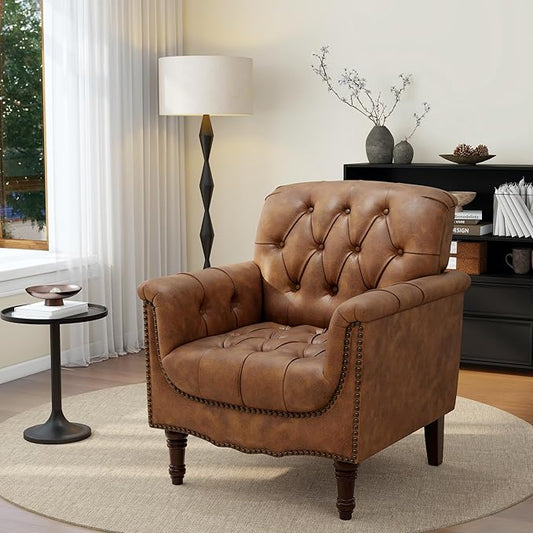 UIXE Brown Accent Chair for Living Room, Faux Leather Tufted Arm Chair Retro Upholstered Club Armchair for Bedroom