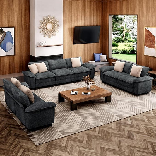 Cloud Couch Sectional Sofa Set, Plush 24.4-Inch Deep 7-Seat Sectional with Velvety Chenille & Removable Arms for Living Room and Apartment, Cyan