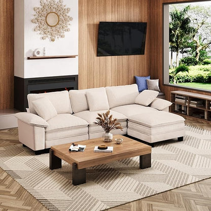 123-Inch L Shaped Sectional Sofa with Cloud Cushions, Deep Seat Modular Couch Set w/ 4 Seats & 1 Ottomans, Plush Chenille & Corduroy Upholstery for Living Room, Apartment - Beige