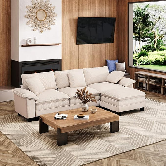123-Inch L Shaped Sectional Sofa with Cloud Cushions, Deep Seat Modular Couch Set w/ 4 Seats & 1 Ottomans, Plush Chenille & Corduroy Upholstery for Living Room, Apartment - Beige
