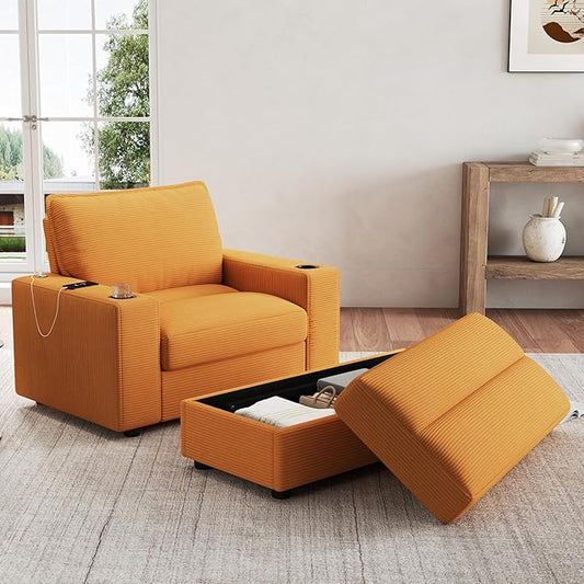 Christopher Knight Home Zoe Oversized Chaise Lounge Chair Indoor with Cup Holders & USB Charging Port, Corduroy Upholstered Sofa Bed + Ottoman with Storage, Comfy Deep Seat Sleeper Sofa Chair, Yellow