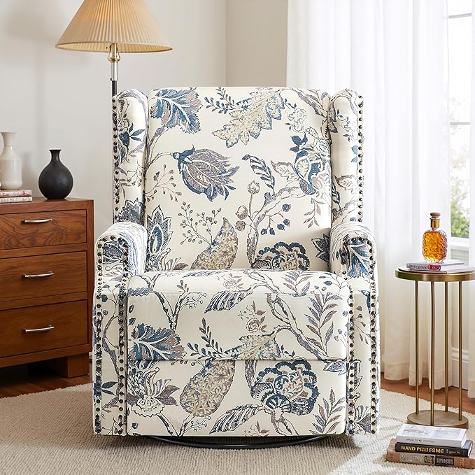 Premium 360° Swivel Recliner Chair with Footrest - Luxurious Cotton Linen & Botanical Design-Bule Plant