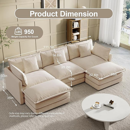 Modular Sectional Sofa, 111.5 Inch U-Shaped Cloud Sofa with Deep Seat Chenille Sofa with Cushions, Three-Self Sectional Sofa for Living Room Apartment,Light Coffee