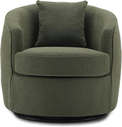 Swivel Accent Chair, Modern Upholstered Boucle Barrel Arm Chairs with Pillow for Living Room, 360 Degree Round Swivel Sherpa Armchair with Round Base for Bedroom Club (1, Green)