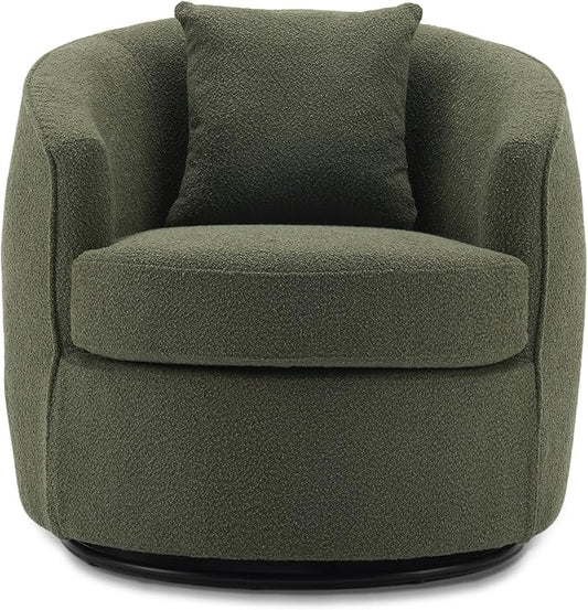 Swivel Accent Chair, Modern Upholstered Boucle Barrel Arm Chairs with Pillow for Living Room, 360 Degree Round Swivel Sherpa Armchair with Round Base for Bedroom Club (1, Green)