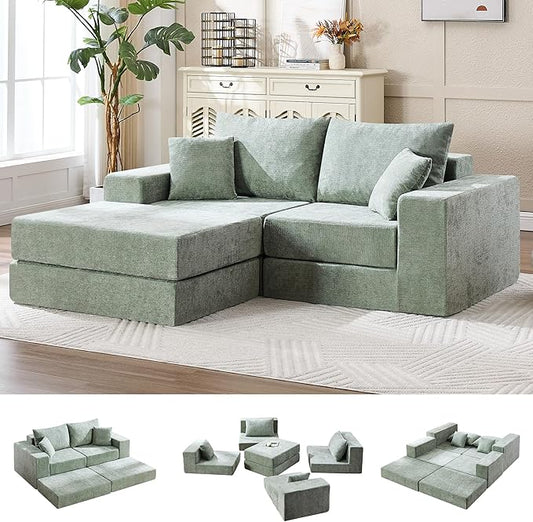 79" Boneless Loveseat Sofa Couch, Modular Foldable Floor Cloud Sofa with Ottoman, Lounge Convertible Sofa Bed for Living Room, No Assembly, Chenille Green