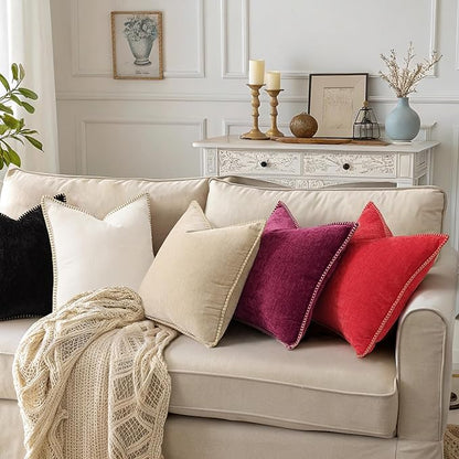 decorUhome Chenille Soft Throw Pillow Covers 18x18 Set of 2, Farmhouse Velvet Neutral Decorative Euro Pillow Covers with Stitched Edge for Couch Sofa Bed Home Decor, Black