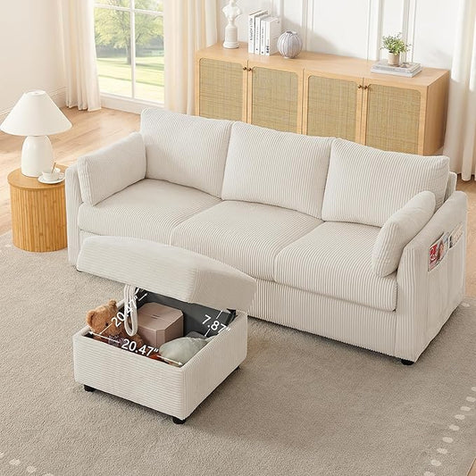 79" Small Couches with Storage Ottoman 3 Seat L Shaped Couch Sectional Sofa with Chaise Lounge for Apartment,Dorm,Bonus Room,Compact Spaces. (Beige, 3+OTT)