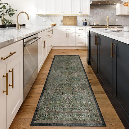 RUGGABLE x Morris & Co Machine Washable Runner Rug – Blackthorn Forest Green 2.5x7, Stain-Resistant, Non-Slip – Washable Rug for Hallway, Entryway, Living Room & Kitchen–with Standard Pad