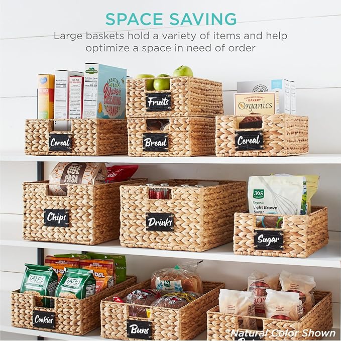 Best Choice Products Set of 4 9x12in Water Hyacinth Pantry Baskets, Woven Organizers w/Chalkboard Label, Chalk Marker - White