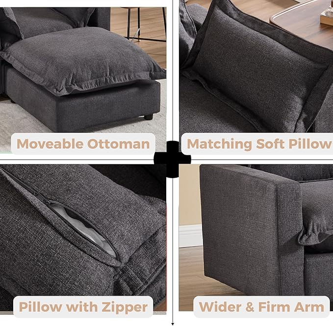 chairus 39.5" Chaise Lounge Chair Indoor with Ottoman, Upholstered Single Sofa Couch Chair Oversized Linen Fabric Reading Armchair for Living Room, Bedroom, Reception Room, Apartment, Black