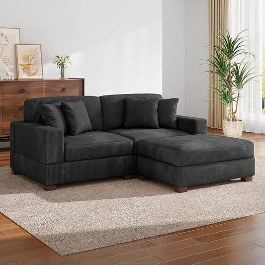 Modular Sectional Couches for Living Room, Modern Loveseat 2-Seater Sofa Couch with Ottoman, Upholstered Couches for Living Room Bedroom, Grey