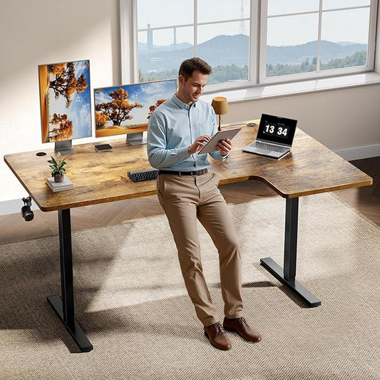 L-Shaped Standing Desk - 55 Inch Adjustable Corner Desk, Electric Sit-Stand Computer Table with Memory Controller for Home Office