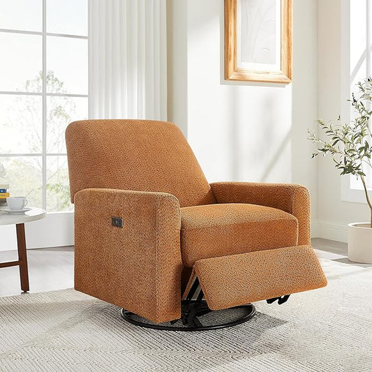VANOMi Power Swivel Glider Recliner Chair, Electric Nursery Rocker Recliner Chair, USB & Type-C Charger, Boucle Curry