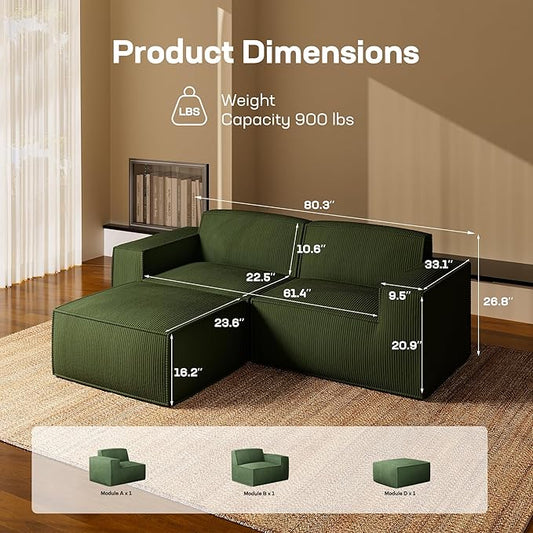 Marsail Modular Sectional Sofa, 80" L-Shaped Modular Sectional Couch with Deep Seat, Freely Combinable Sectional Clound Sofa for Living Room, No Assembly, Plush Corduroy Fabric, Green