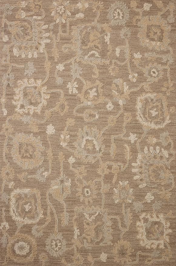 Loloi Chris Loves Julia Dorothea Collection DRT-01 Bark/Stone 5'-0" x 7'-6" Area Rug Wool Neutral Floral Living Room Bedroom Carpet
