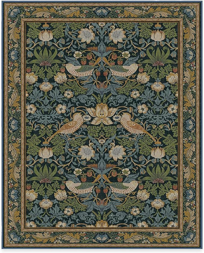 RUGGABLE x Morris & Co Washable Area Rug – Strawberry Thief Indigo 8x10, Stain-Resistant, Non-Slip – Large Machine Washable Rugs for Living Room, Bedroom, Hallway, Entryway & Office–with Standard Pad
