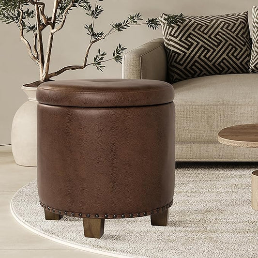 Homepop Home Decor | Upholstered Round Storage Ottoman with Nailheads| Ottoman with Storage for Living Room & Bedroom, Brown Faux Leather