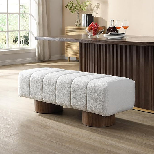 Christopher Knight Home Manila 50" Boucle Fabric Dining Bench, Rectangular Upholstery Ottoman Bench, Bedroom End of Bed Footstool, Living Room Extra Seat Footrest, No Assembly Needed, White
