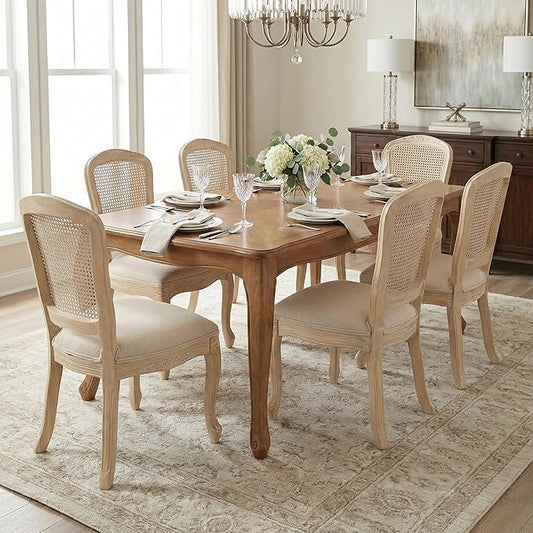 Wicker Dining Chairs Set of 6, Upholstered Linen Fabric Dining Room Chairs with Square High Rattan Back Farmhouse French Kitchen Chairs for Dining Table/Living Room/Restaurant, Cream