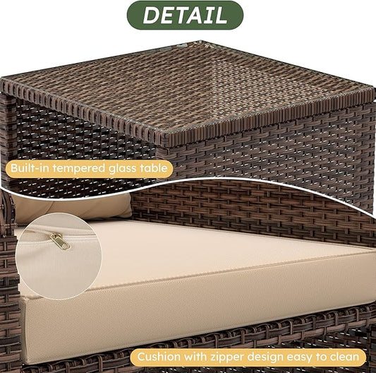 5 Pieces Patio Furniture Set, Hand-Woven Rattan Patio Conversation Set with Soft Cushions & Coffee Table, Outdoor Chairs with Hidden Ottoman for Porch, Lawn, Garden, Balcony, Brown