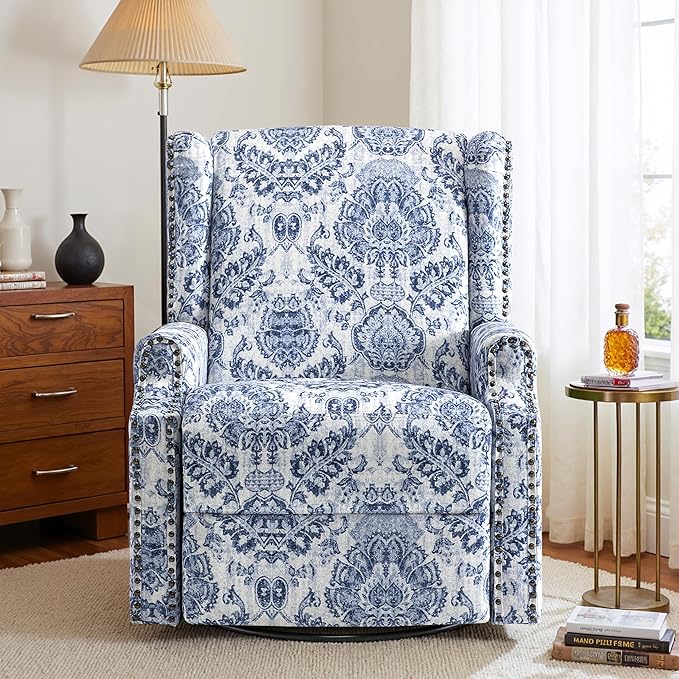 Premium 360° Swivel Recliner Chair with Footrest - Luxurious Cotton Linen & Botanical Design-Bule Pattern