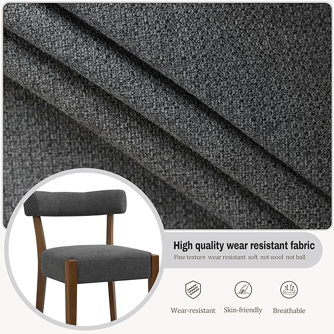 Modern Dining Chairs Set of 4, Walnut Upholstered Kitchen & Dining Room Chairs, Mid Century Wooden Dining Chairs Oversized Sturdy Fabric Rounded Chairs Curved Back, Dark Grey