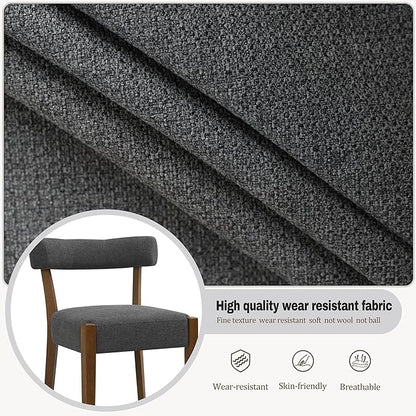 Modern Dining Chairs Set of 4, Walnut Upholstered Kitchen & Dining Room Chairs, Mid Century Wooden Dining Chairs Oversized Sturdy Fabric Rounded Chairs Curved Back, Dark Grey