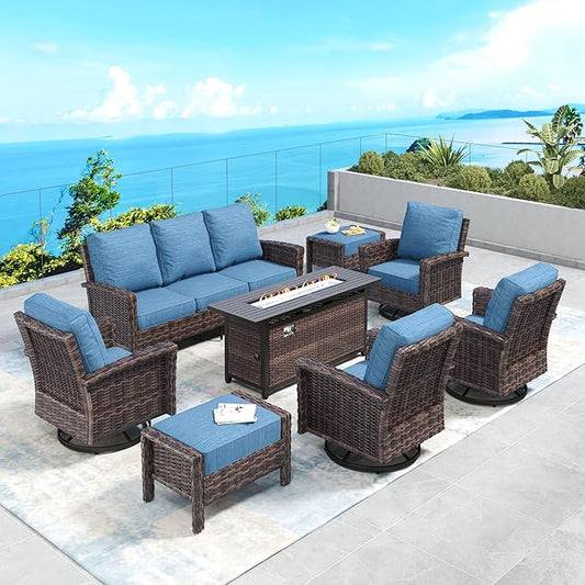 Patio Furniture Set with Swivel Chairs, High Back Wicker Rattan Furniture with 5.5" Thick Cushions, Fire Pit Table and Ottomans, All Weather Outdoor Conversation Set for Backyard Deck,9 Seats, Blue
