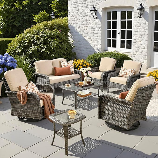 7 PCS Patio Outdoor Furniture Set with Swivel Rocking Chairs,All Weather Wicker Rattan Patio Seating Sofa and Chairs Set,Outdoor Conversaiton Sets for Deck Yard Prrch Garden Poolside,Beige
